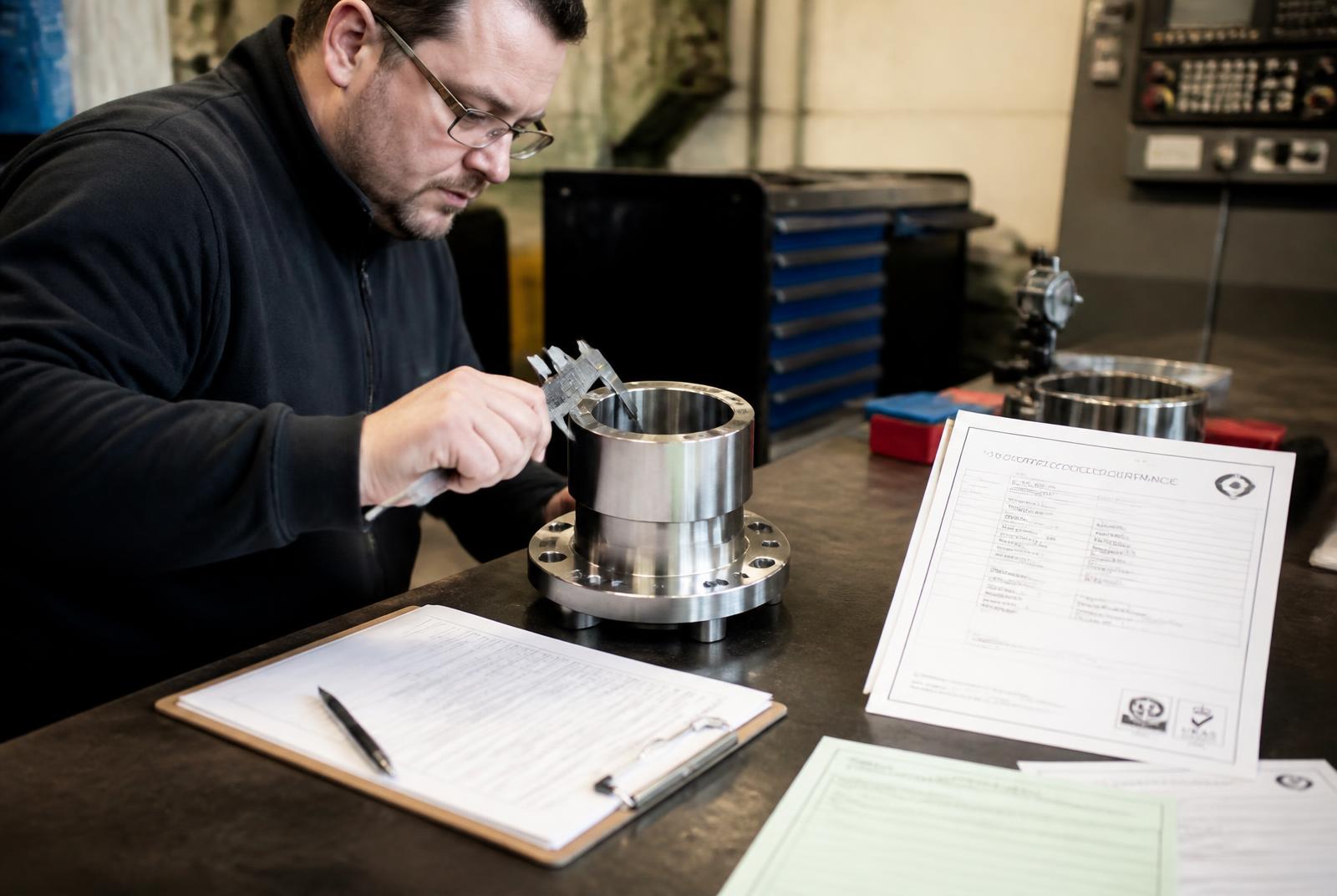 Inspector checking a machined component against technical documentation
